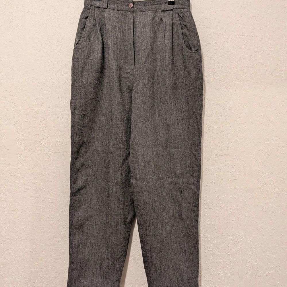 Womens Vintage Gray Wool Trousers High Waisted Pleated Pants Good Straight Leg